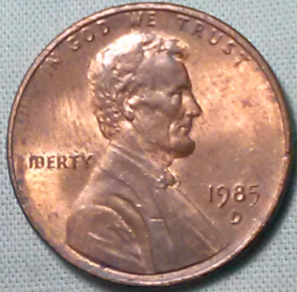 1985-D-Lincoln-Cent-Struck-Through-Grease-Missing-L-In-Liberty-